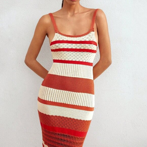 Red Casual Women's Color-Block Crochet Fringe Bodycon Chic Boho Dress - Picture 6 of 6